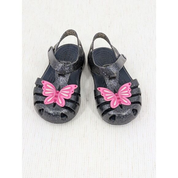 Crocs Sandals Toddler Girl C 6 Black Glitter Pink Butterfly Mary Jane - Picture 2 of 15